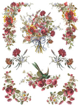 Load image into Gallery viewer, Seven varied red florals roses and garlands and a bird on Sheet 3 of 8 of IOD Madeline Transfer. 