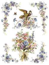 Load image into Gallery viewer, A beautiful bird on a spray of flowers, a large Spring bouquet with bow and four blue floral swags on Sheet 5 of 8 in IOD Madeline Transferl