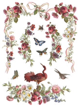 Load image into Gallery viewer, Sheet 8 of 8 in IOD Madeline Transfer depicting a floral garland in berry red with ribbons and bow, floral swags,  birds and butterflies.