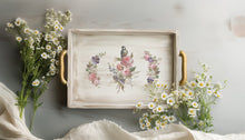 Load image into Gallery viewer, Decorative tray made with IOD Madeline Transfer showing a rose bouquet with bird and two rose floral swags.