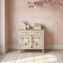 Load image into Gallery viewer, Vintage-style sideboard or chest with IOD Madeline Transfers showing florals borders garland and birds. 