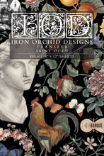 Load image into Gallery viewer, Cover of IOD Saint Ouen Transfer by Iron Orchid Designs with classical statue, flowers, rooster French label.