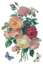 Load image into Gallery viewer, IOD Saint Ouen Transfer Sheet 1 of 1 with pink, blue, cream bouquet of roses and butterflies.
