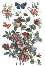 Load image into Gallery viewer, IOD Saint Ouen Transfer Sheet 2 of 8 depicting botancial wild roses and 2 smaller roses designs and butterflies.