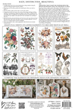 Load image into Gallery viewer, Back cover of IOD Iron Orchid Designs Saint Ouen Transfer depicting the 8 sheets of designs.