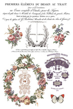 Load image into Gallery viewer, IOD Saint Ouen Transfer Sheet 6 of 8 depicting French scripts, labels, rose bouquets, Floral rose wreath and antique labels. 