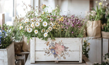 Load image into Gallery viewer, Decorative wooden planter with IOD Saint Ouen Transfer rose bouquet on a table with flowers inside.