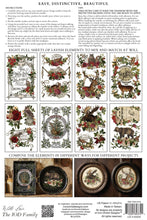 Load image into Gallery viewer, Instruction sheet for Lavish Elements quilting pattern by The IOD Family, showing eight decorative floral and animal embroidery designs, assembly instructions, and example finished circular quilt designs.