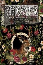 Load image into Gallery viewer, Product cover for 'Iron Orchid Designs Transfer Stag Tavern' featuring an ornate white gothic logo at the top and a central stag illustration surrounded by red flowers and green foliage on a black background.