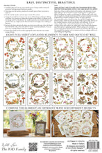 Load image into Gallery viewer, Instruction sheet for Lavish Elements cardstock by The IOD Family, showing a grid of floral and botanical card designs, a section with numbered usage tips, and example composite layouts on a white background.