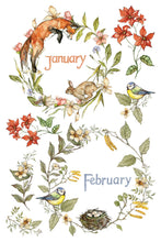 Load image into Gallery viewer, A watercolor-style decorative illustration on a white background showing floral wreaths and seasonal elements around the words January and February. Visible subjects include an orange fox, a brown rabbit, two bluebirds, red flowers, green leaves, and a small bird's nest.