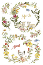 Load image into Gallery viewer, Vintage-style botanical calendar illustration showing floral wreaths with the months March and April, including sheep, a chicken, chicks, flowers, berries, and butterflies on a white background.