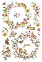 Load image into Gallery viewer, A watercolor-style botanical collage with rabbits, flowers, leaves, butterflies, and the words 'May' and 'June' on a white background.