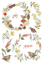 Load image into Gallery viewer, A botanical illustration on a white background showing floral wreaths and small birds, with the words 'July' and 'August' in coral script. The artwork includes yellow flowers, red-and-white mushrooms, green leaves, and brown snails.