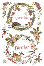 Load image into Gallery viewer, A decorative seasonal illustration on a white background showing two circular woodland wreaths, one labeled November with a hedgehog and mushrooms, and one labeled December with a fawn, holly leaves, berries, flowers, and butterflies.