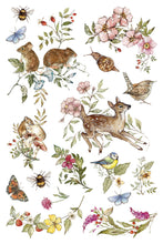 Load image into Gallery viewer, A sheet of watercolor-style nature illustrations on a white background, including a deer, birds, butterflies, bees, flowers, leaves, and small animals.