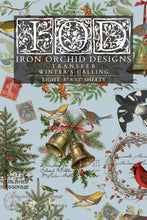 Load image into Gallery viewer, Cover of 'Transfer: Winter's Calling' by Iron Orchid Designs, featuring a festive collage of Christmas illustrations including bells, holly, birds, pine branches, and vintage stamps on a pale blue background.