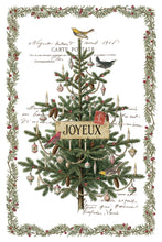 Load image into Gallery viewer, A vintage-style Christmas art print featuring a decorated evergreen tree with ornaments, birds, handwritten script, and a central 'JOYEUX' label, surrounded by a wreath border on a white background.