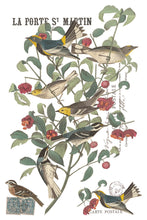 Load image into Gallery viewer, Vintage-style bird illustration print featuring several small birds perched on leafy branches with red berries, plus the text 'LA PORTE S. MARTIN' and postmark elements on a white background.