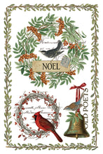 Load image into Gallery viewer, A vintage-style Christmas art print featuring two wreaths with birds, a green leaf border, a hanging brass bell with a red ribbon, cursive script, and the word 'NOEL' on a wooden plaque.