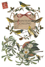 Load image into Gallery viewer, Vintage-style winter illustration with the words “WINTER’S CALLING” centered on a kraft-paper card, surrounded by a wreath of leaves and birds. Additional illustrated branches with green leaves, white flowers, and small birds appear below, and a red postage stamp is shown in the upper left on a white background.
