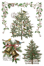 Load image into Gallery viewer, A vintage-style Christmas illustration sheet featuring two evergreen trees, two birds, two brass bells with a red ribbon, holly leaves, berries, and a decorative border of branches and leaves on a white background with cursive text.