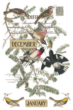 Load image into Gallery viewer, Vintage-style bird illustration print showing several birds perched on evergreen branches with handwritten letters and a postage stamp, plus labels reading December and January.