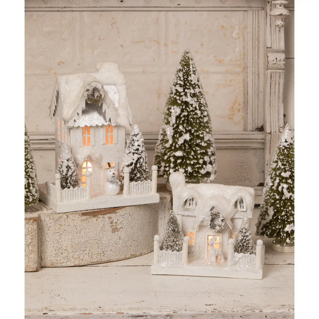 Bethany Lowe Ivory Cottage Medium Set of 2, Snowy Christmas Village Houses