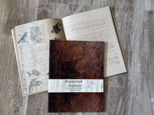 Load image into Gallery viewer, Dark Brown cover of Roycycled Treasures Journal plus view of pages of open journal 
