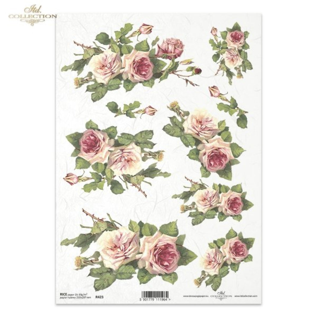 Lovely Light Pink Roses Rice Paper by ITD Collection, A4 , R0423