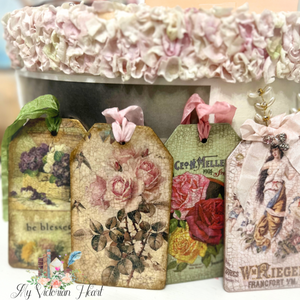 MDF Tags Project with Decoupage Rice Paper and IOD Transfers, Crackled