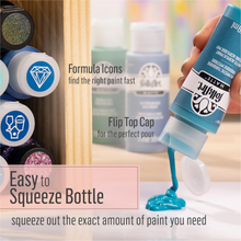 Load image into Gallery viewer, Blue paint bottle with cartoon legs holding a paint can, surrounded by paint containers and text about paint features.