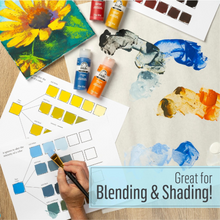 Load image into Gallery viewer, Art supplies including paint tubes, a color chart, and a hand holding a brush with text 'Great for Blending &amp; Shading!'.