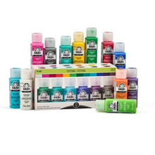 Load image into Gallery viewer, Set of colorful acrylic paint bottles with a box labeled 'FolkArt' on a white background.