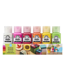 Load image into Gallery viewer, Set of FolkArt acrylic paint bottles in various colors with a display box on a white background.