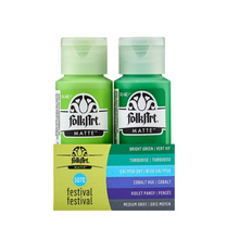 Load image into Gallery viewer, Two bottles of FolkArt Matte paint in green with a packaging display showing color options.