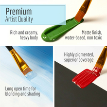 Load image into Gallery viewer, Promotional image of paintbrushes with text highlighting features like 'Premium Artist Quality' and 'Rich and creamy, heavy body'.