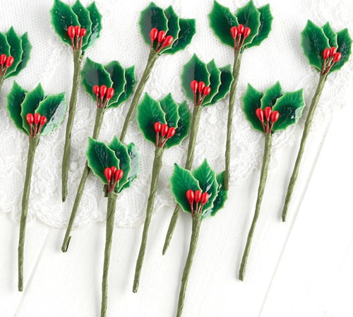 Miniature Lacquered Holly Leaf Picks, 3-1/2
