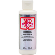Load image into Gallery viewer, A bottle of Mod Podge Iridescent water-based glue and finish, 4 fl oz (118 ml), featuring a white cap and a silver label with a red and pink logo.