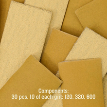 Load image into Gallery viewer, A pile of sanding or grinding sandpaper sheets in tan and beige tones, with white text at the bottom reading 'Components: 30 pcs. 10 of each grit: 120, 320, 600'.