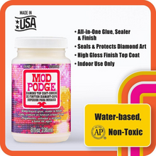 Load image into Gallery viewer, Mod Podge Diamond Top Coat container on infographic with product features and branding on white background