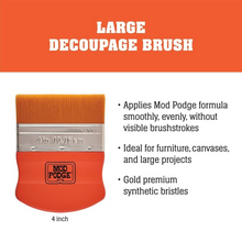 Load image into Gallery viewer, Large Decoupage Brush with Mod Podge branding on an orange and white backgound with text about features.