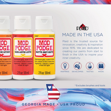 Load image into Gallery viewer, Three bottles of Mod Podge in Satin, Gloss and Matte finishes displayed with Plaid company branding and text about being made in the USA.