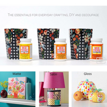 Load image into Gallery viewer, Decorative containers, lamp, pumpkin, art created with Mod Podge Matte, Satin and Gloss Glue and Sealer Products . with text 'The essentials for everyday crafting, DIY and decoupage'.