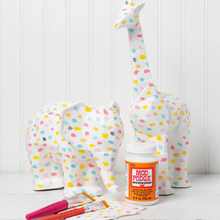 Load image into Gallery viewer, Decorative elephant and giraffe with colorful polka dot pattern decoupaged with a bottle of Mod Podge Satine Glue and Sealer with Mod Podge Decoupage Brushes on a white background.