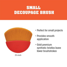 Load image into Gallery viewer, Mod Podge Small Decoupage Brush with red handle and gold bristles on a white background with text about its features.
