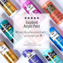 Load image into Gallery viewer, Collection of acrylic paint bottles with a five-star rating and customer review on a white background