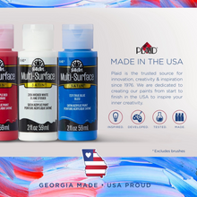 Load image into Gallery viewer, Plaid Multi-Surface paint bottles with branding and product information on a colorful background