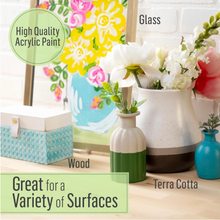 Load image into Gallery viewer, Decorative items including vases and a box with text about acrylic paint compatibility on various surfaces.