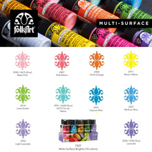 Load image into Gallery viewer, Collection of FolkArt multi-surface paint bottles with color swatches and FolkArt logo.